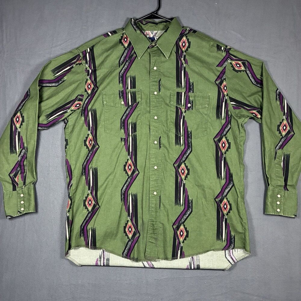Vintage 90s Wrangler Green Purple Aztec Striped Pearl Snap Western Shirt Large